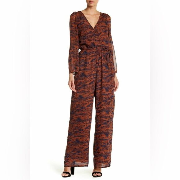 MAAC London Barican Printed Long Sheer Sleeve Jumpsuit. Rust Brown/Navy. Size XS - Picture 1 of 7